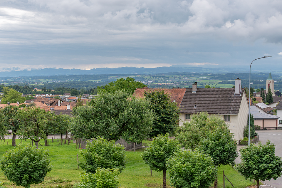 Das Bild zeigt die Fernsicht über das Dorf Berg in Thurgau. Im Vordergrund sind Bäume, in der Mitte Häuser und im Hintergrund der Alpstein zu erkennen.