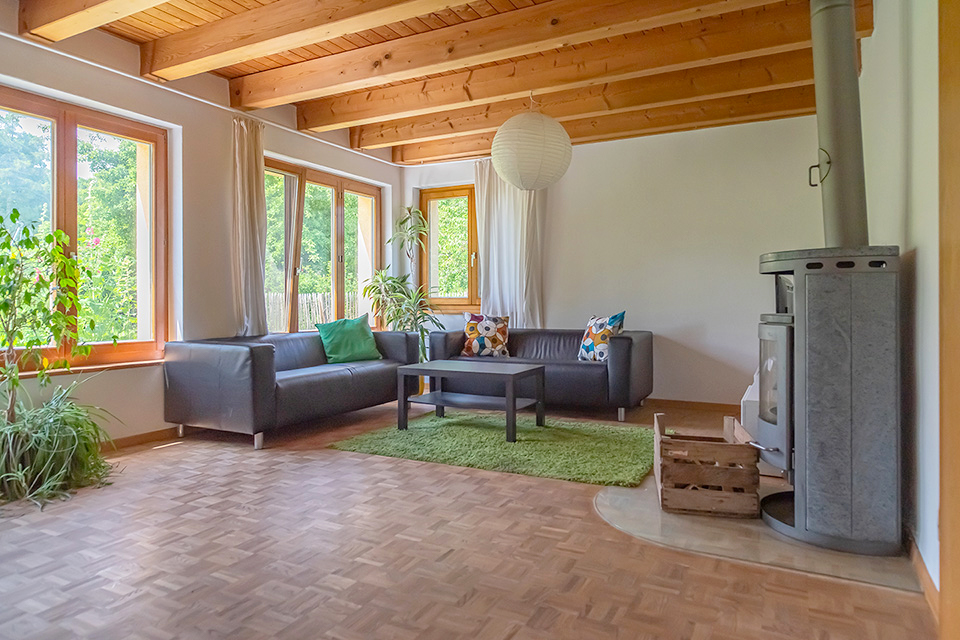 Das Bild zeigt ein Wohnzimmer mit Sofa, Grünzimmerpflanzen und Schwedenofen.