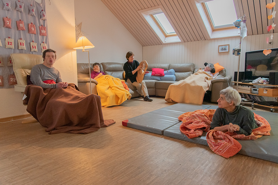 Das Bild zeigt mehrere Personen in einem Wohnzimmer. Eine Frau spielt Laier.