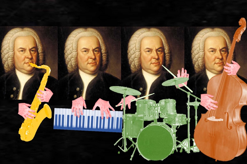 Das Bild zeigt vier mal denselben Mozart jedoch jedoch mit anderem Instrument in der Hand. Die Instrumente sind Saxaphon, Keyboard, Schlagzeug, Cello.